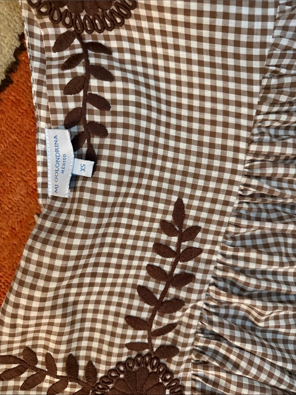 Mi Golondrina Brown and White Gingham Maxi Skirt with Floral Embroidery - Picture 3 of 3